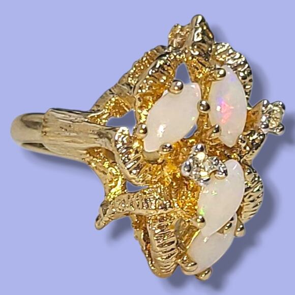 Vintage 18K HGE Gold Plated 4 White Opals & CZ Cocktail Ring Size 4.5 - Picture 10 of 16